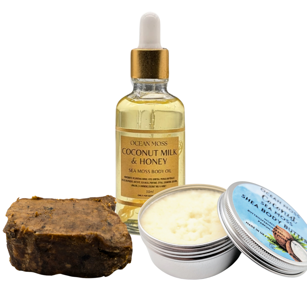 Skin Care Bundle -Sea Moss Body Oil /Shea Butter /African Black Soap