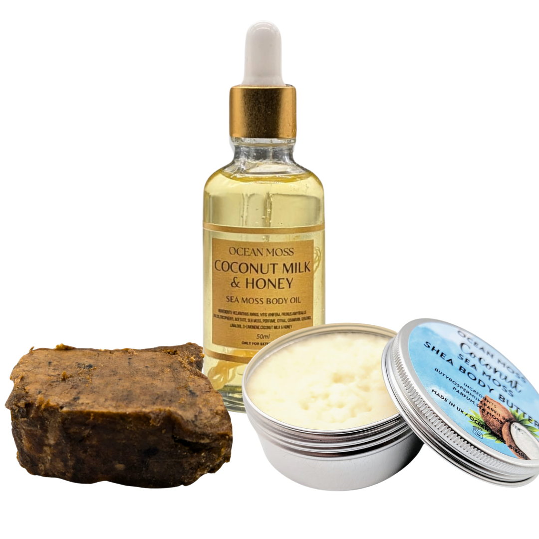 Skin Care Bundle | Sea Moss Body Oil, Shea Butter & African Black Soap